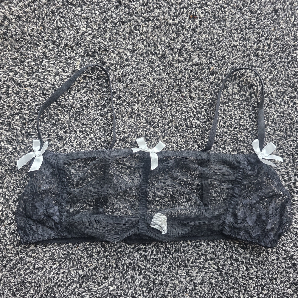 Chic Black Lace Bralette with White Bow Accents